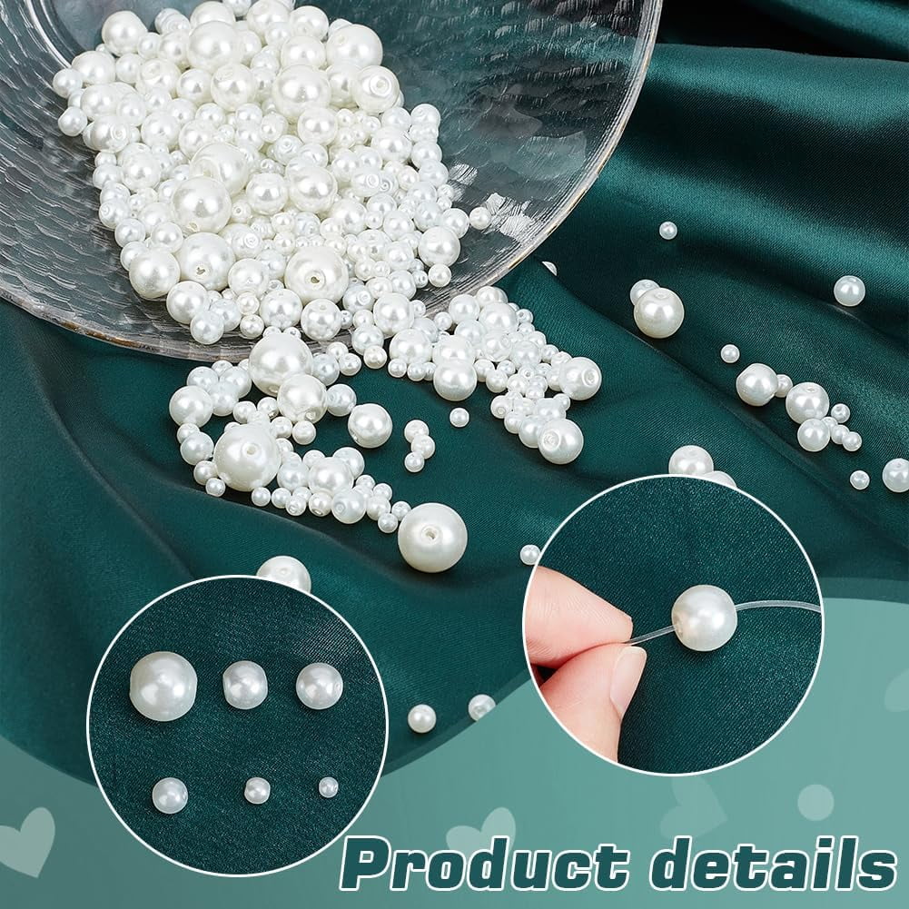 1320pcs Pearl Beads 6 Sizes White Glass Pearl with Hole Round Loose Pearl Beads for DIY Necklace Earring Jewelry Making Christmas Decoration Vase Filler 3/4/6/8/10/12mm