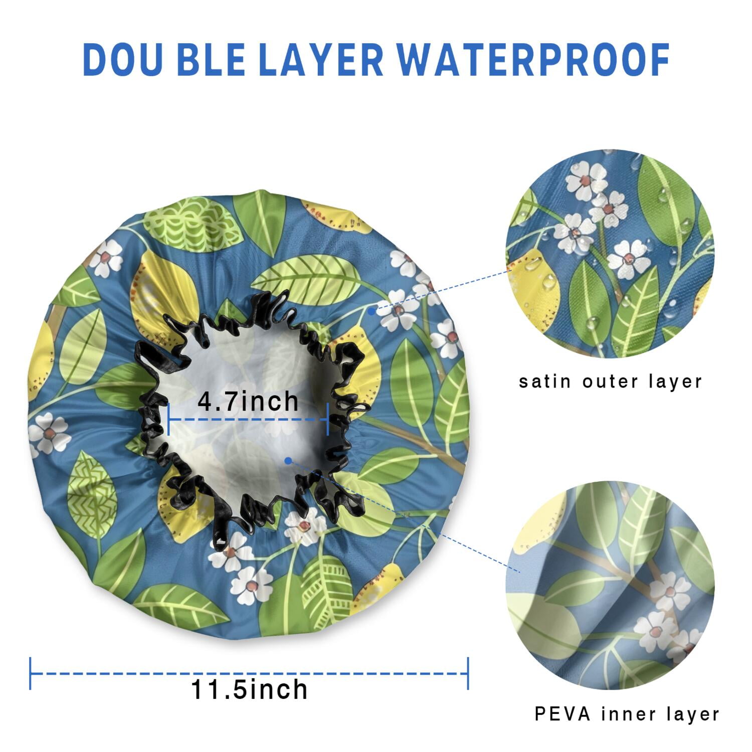 Shower Caps,Yellow Lemon Fruit Flowers Blue Pattern Waterproof Shower Cap for Women 4 Pieces,Double Reusable Hair Cover for Shower PEVA Elastic Stretch Hem