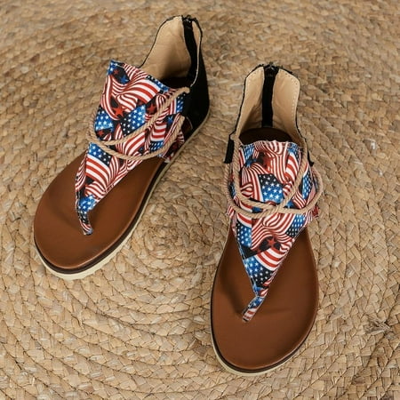 

SHYKA Women s Sunflower Printed Flat Sandals Open Toe Back Zipper Thong Canvas Shoes Casual Anti-skid Sandals-841