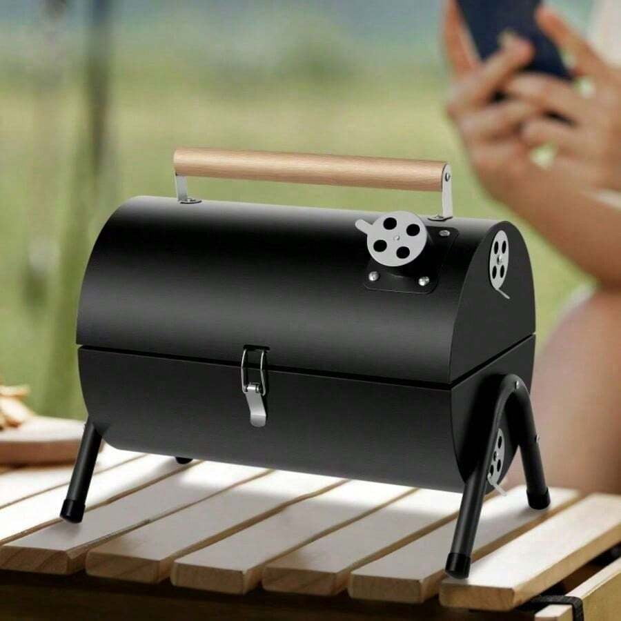 Compact Portable Charcoal Grill Barrel - Double Sided Collapsible Design, Great For Outdoor Cooking And Camping, Black Stainless Steel Smoker With Wooden Handle,