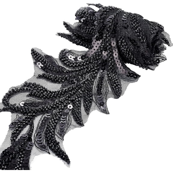 1 Yard Polyester Ribbon with Sequins & Beads Black 4-7/8 inch(125mm)