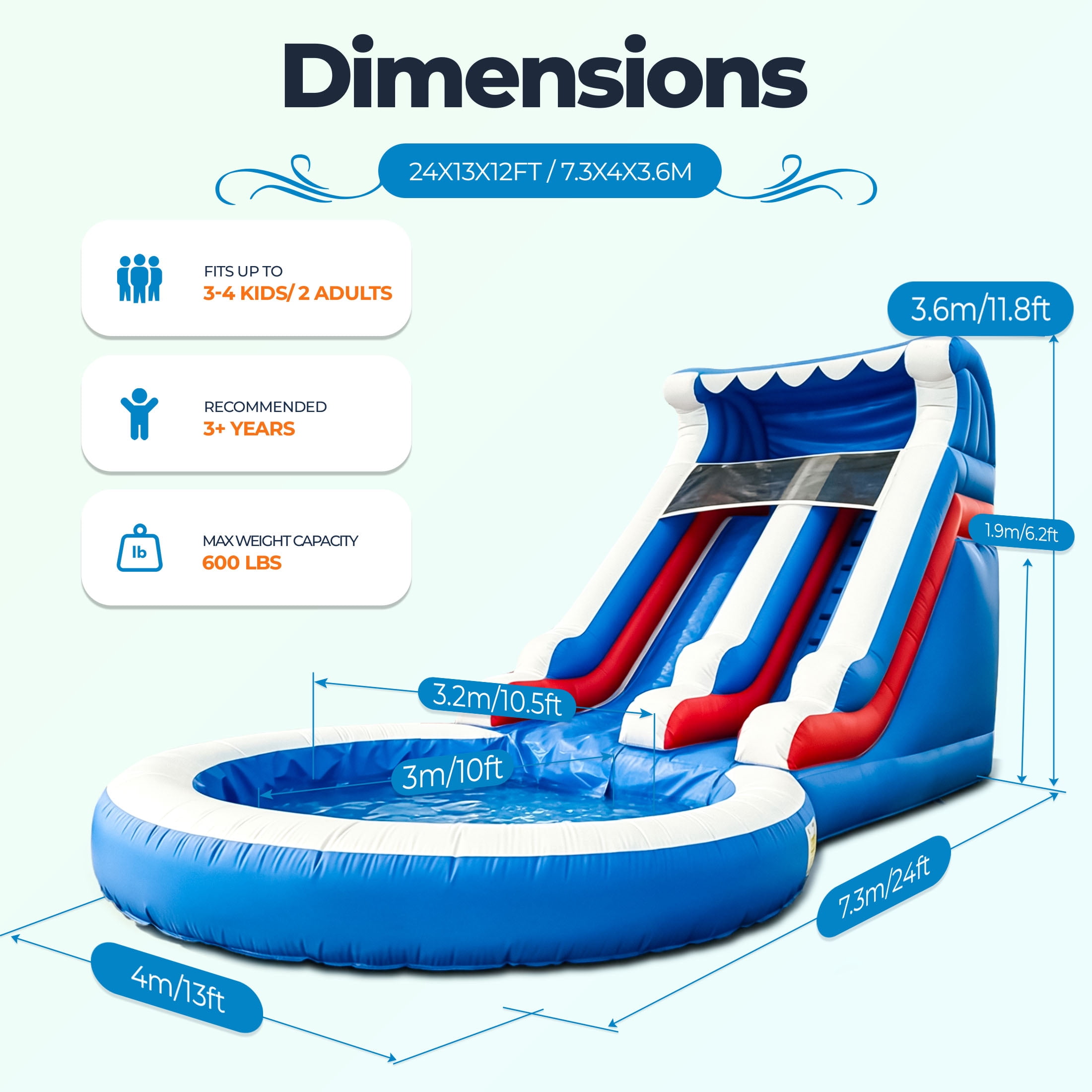 Relunch 24FT(L) Commercial PVC Inflatable Water Slide for Kids(Without Blower) Inflatable Water Slide for Summer Fun Backyard 24x 13x12Ft