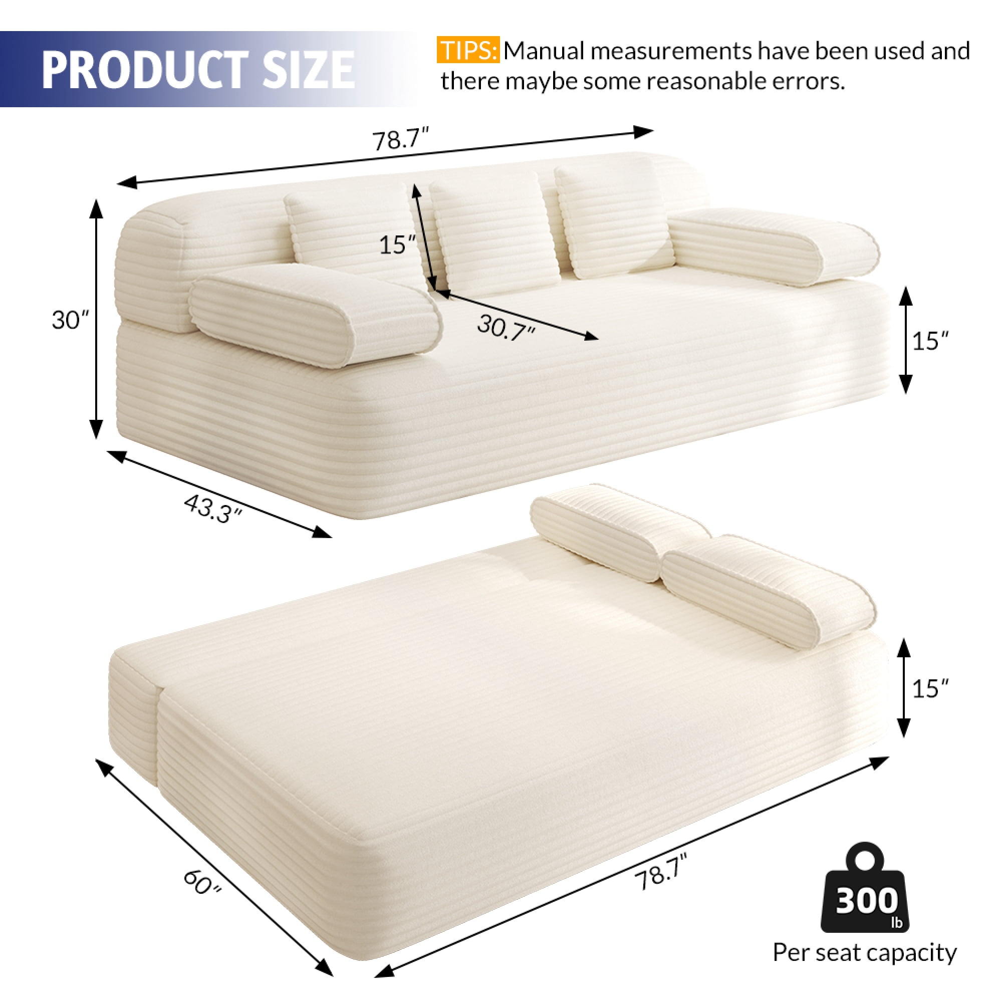 Leumius 78.7" Convertible Sofa Bed with 3 Pillows,Folding Boneless Couches with Deep Seats and Armrest,Plush Corduroy Fabric Futon Sofa Bed for Small Spaces, Apartments and Bedrooms,Beige