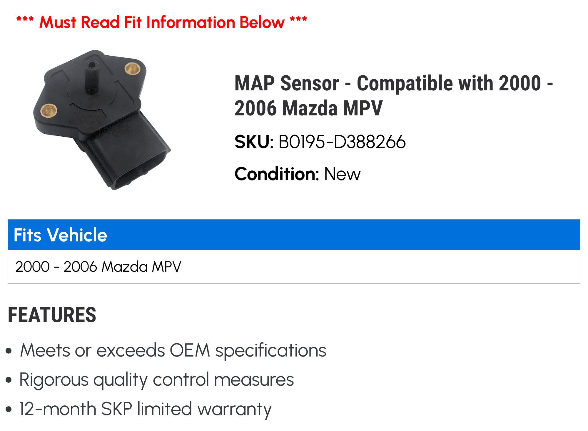 MAP Sensor - Compatible with 2000 - 2006 Mazda MPV 2001 2002 2003 2004 2005