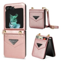 ELEHOLD Luxury Leather Case for Samsung Galaxy Z Flip 5,with Card Slot Adjustable Crossbody Shoulder Strap Shockproof Purse Phone Case for Galaxy Z Flip 5,Rosegold