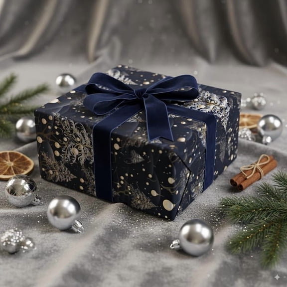 Navy Christmas Gift Wrap Festive Winter Trees Xmas Gift Wrapping Paper Gold White Christmas Ornaments Design Elegant Blue Christmas Paper