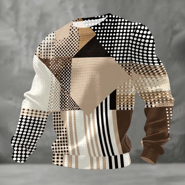 Ceisia Men's All-Season Casual Regular Fit Crew Neck Sweatshirt Modern Art Polka Dot Stripe Geometric Patchwork Print Waffle Knit Stretch Fabric Multicolor XXXL Gifts