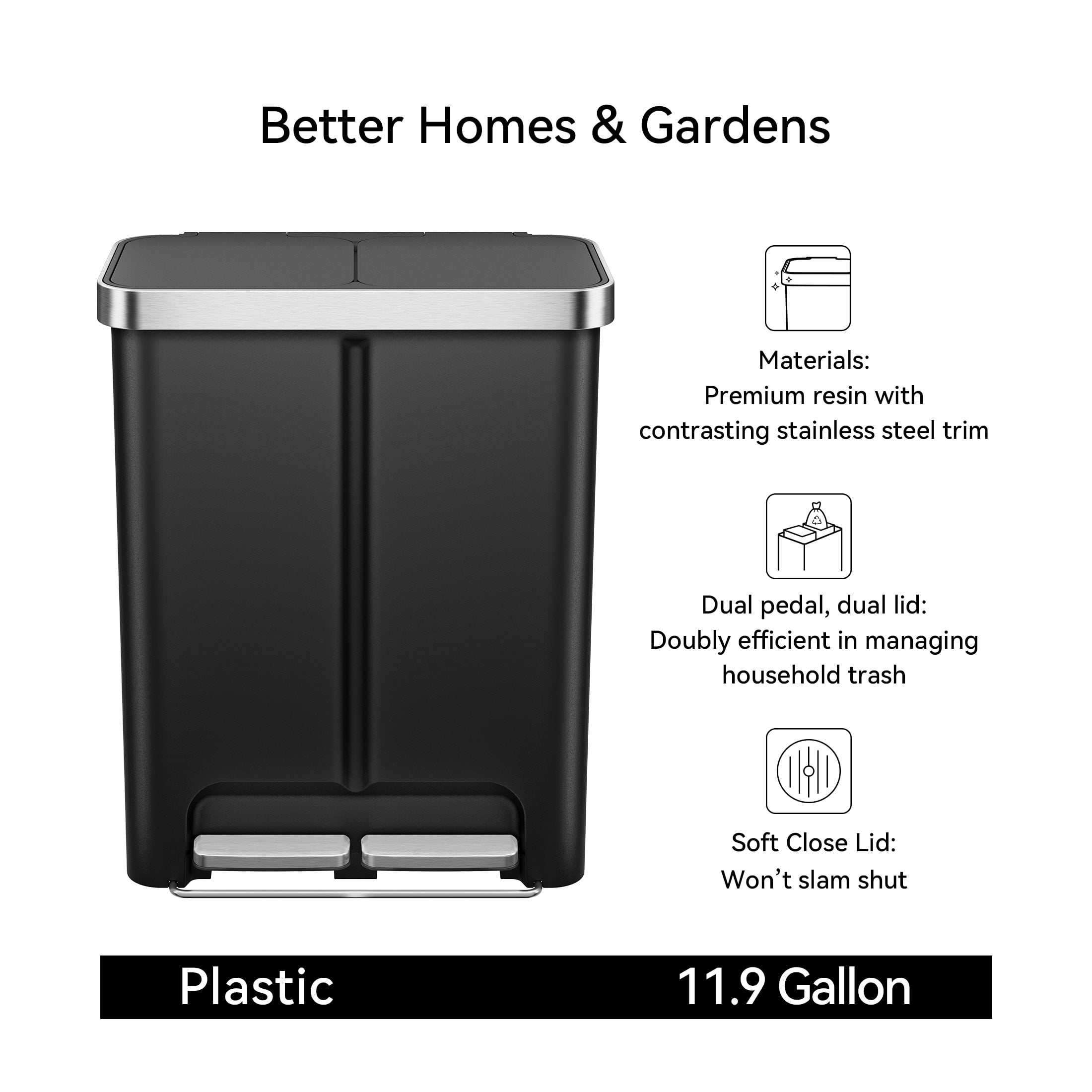 Better Homes & Gardens Kitchen Recycle Trash Can, 16 Gallon Plastic Dual Compartment Step Garbage Bin, Black
