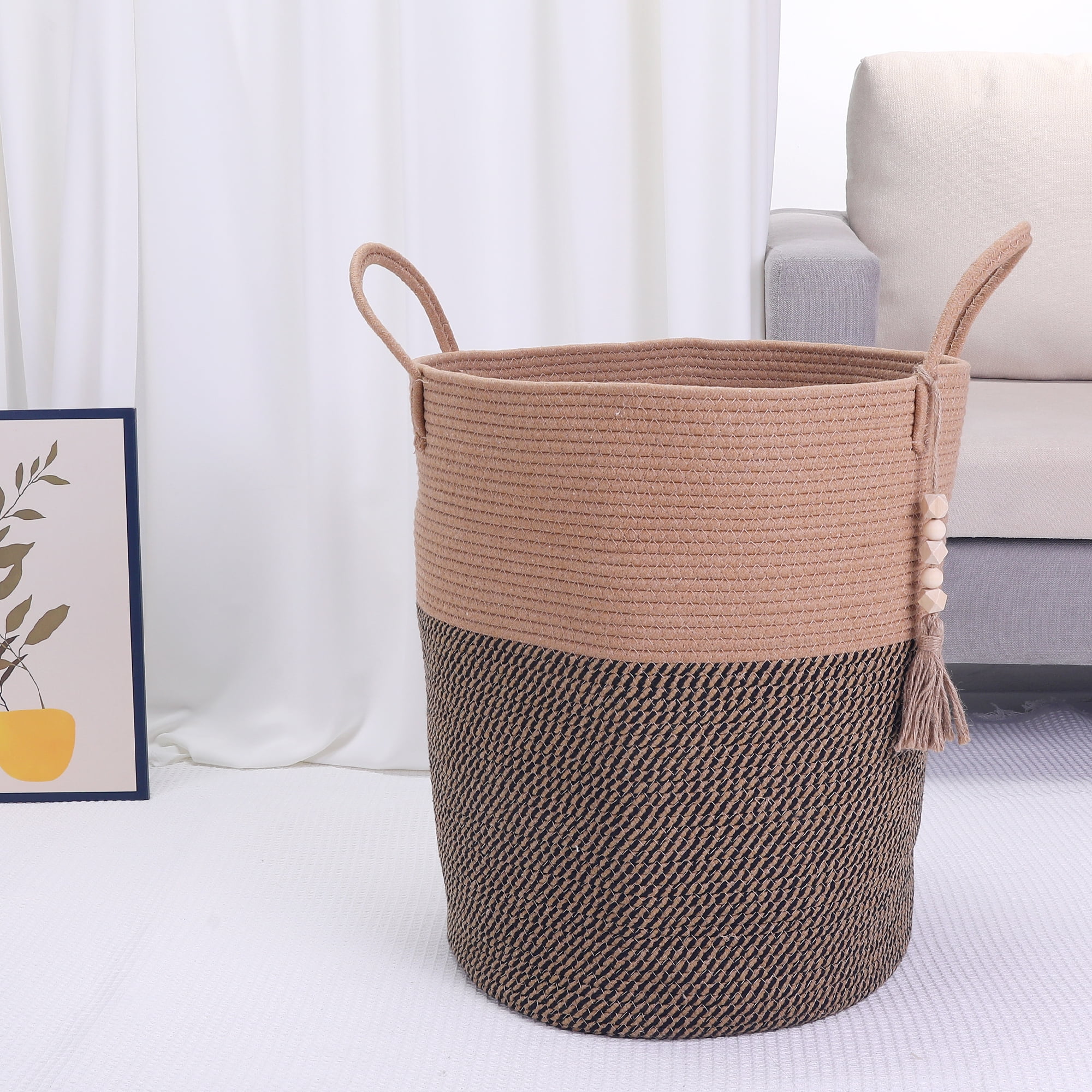 Unique Bargains Woven Storage Bin with Handle and Tassel Beads Storage Basket Brown Black