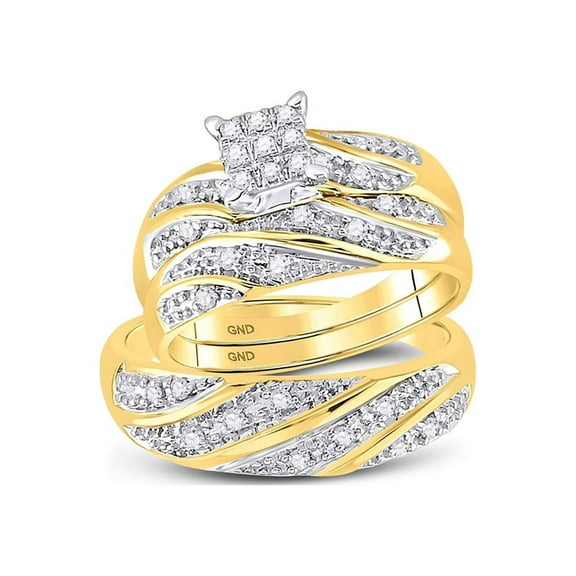 14kt Yellow Gold His Hers Round Diamond Square Matching Wedding Set 1/3 Cttw