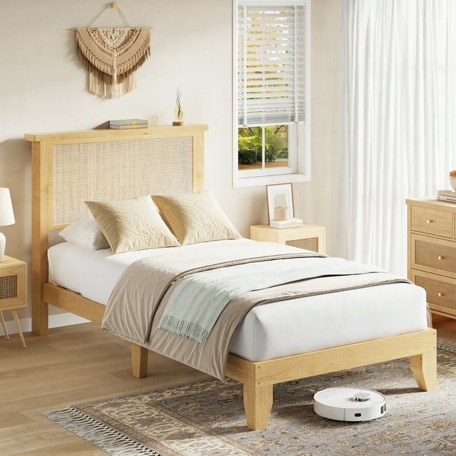 Yiwa Rattan Twin Bed Frame, Features Natural Headboard, LED Lighting, and Wood Foundation with Silent Slats