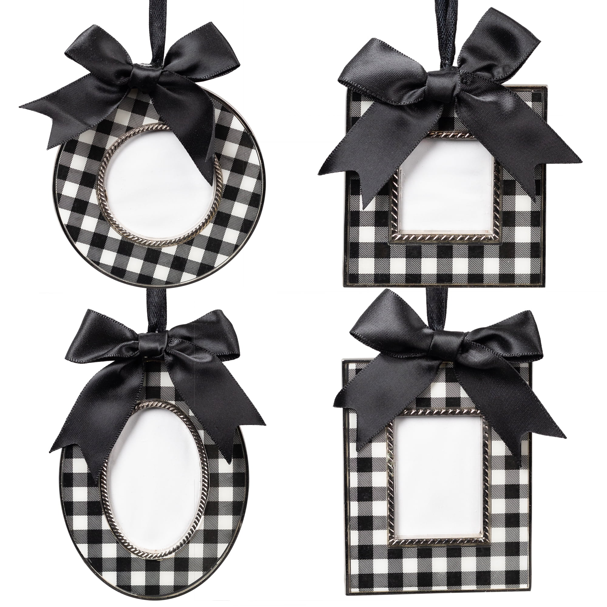 Buffalo Plaid Photo Frame Christmas Ornaments with Bows - 3.5" - Set of 4