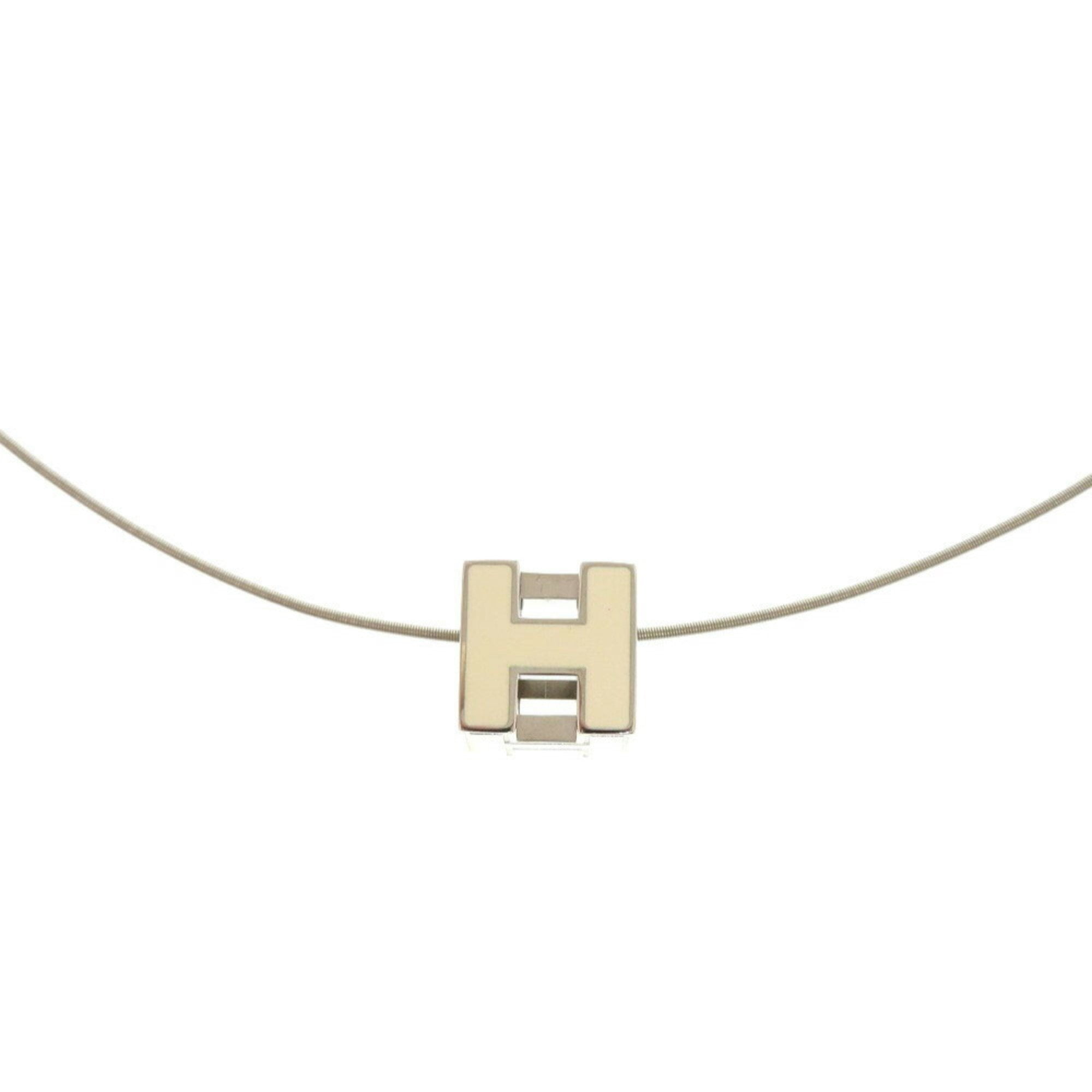 Pre-Owned Hermes Cage d'Ache H Cube Metal Silver Ivory Necklace 1878HERMES (Good)