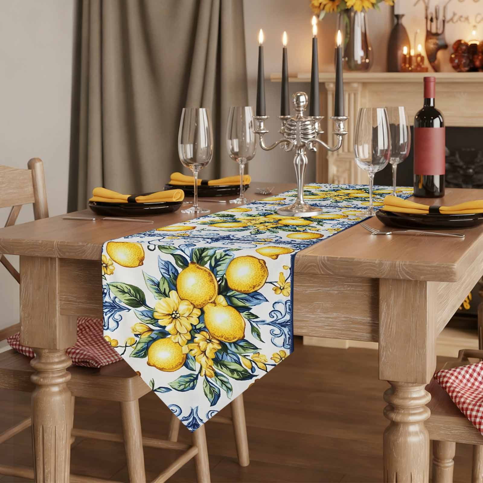 Yellow Lemon Table Runner Linen Burlap Table Runner 108 Inches Long Middle Century Blue Italian Textured Dresser Scarves for Kitchen Island Coffee Dining Room Party Holiday Decoration 13"x108"