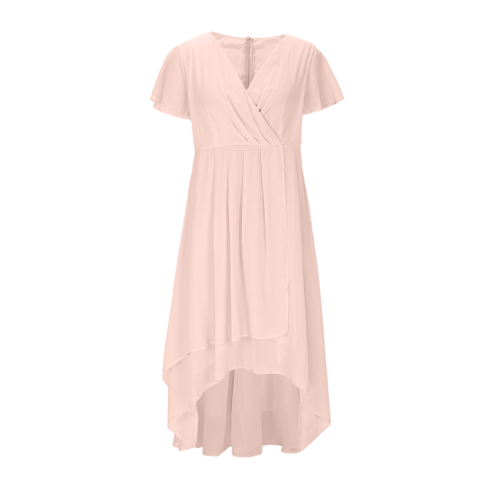 gljltg Women's Solid Color Ruffle Sleeves Pleated V-neck A-line Mid Length Short Sleeve Dress for Women, Girl, Spring, Summer, Suitable for Casual, Daily, Birthday, Dating, Dance
