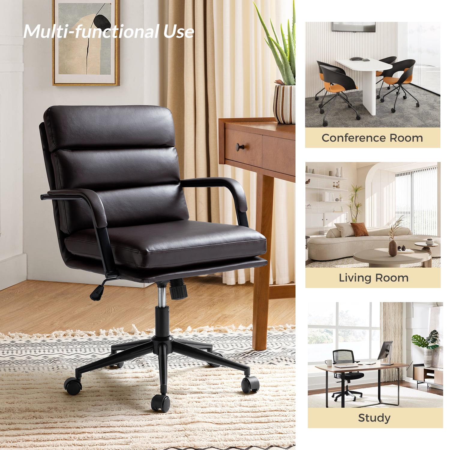 Ergonomic Office Chair Faux Leather Desk Chair Executive Swivel with High Back and Padded Cushion Brown