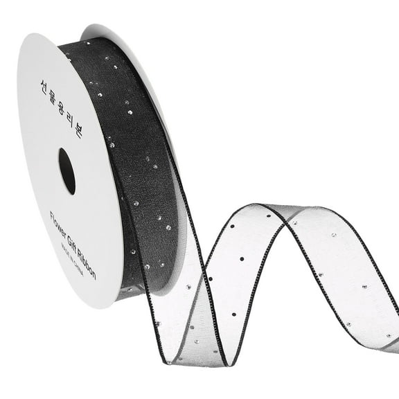 1 Inch x 10 Yard Organza Sheer Ribbon with Silver Rhinestone, Black