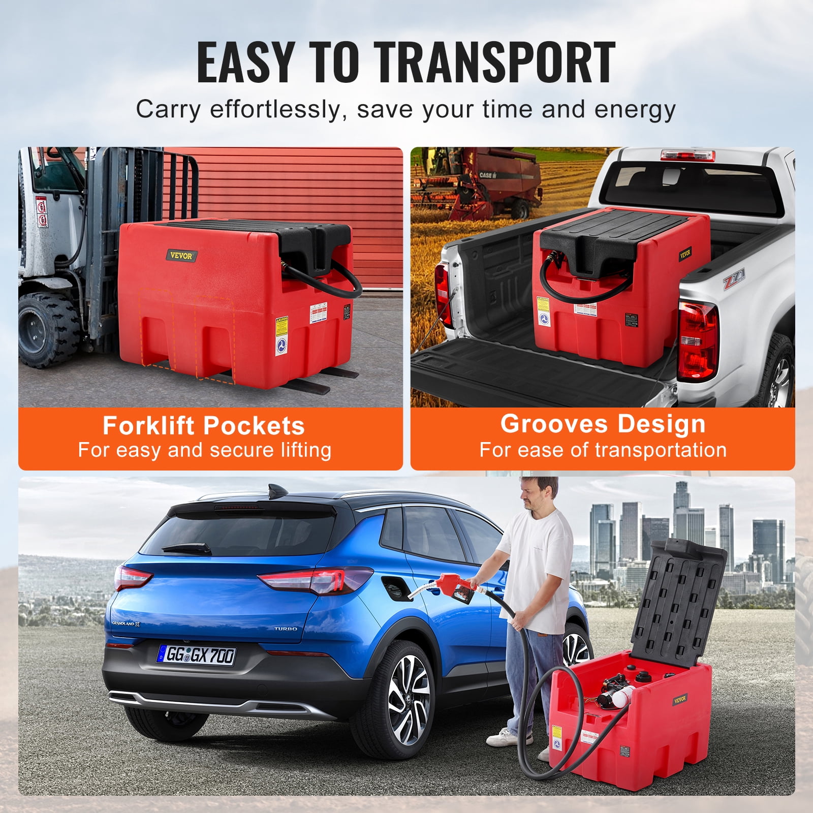 VEVOR Portable Diesel & Gasoline Tank, 48 Gallon, 10.6GPM Flow Rate, Diesel Fuel Tank with 12V Electric Transfer Pump,13.1ft Hose,Auto Fueling Nozzle, Transfer Tank for Easy Fuel Transportation,Red