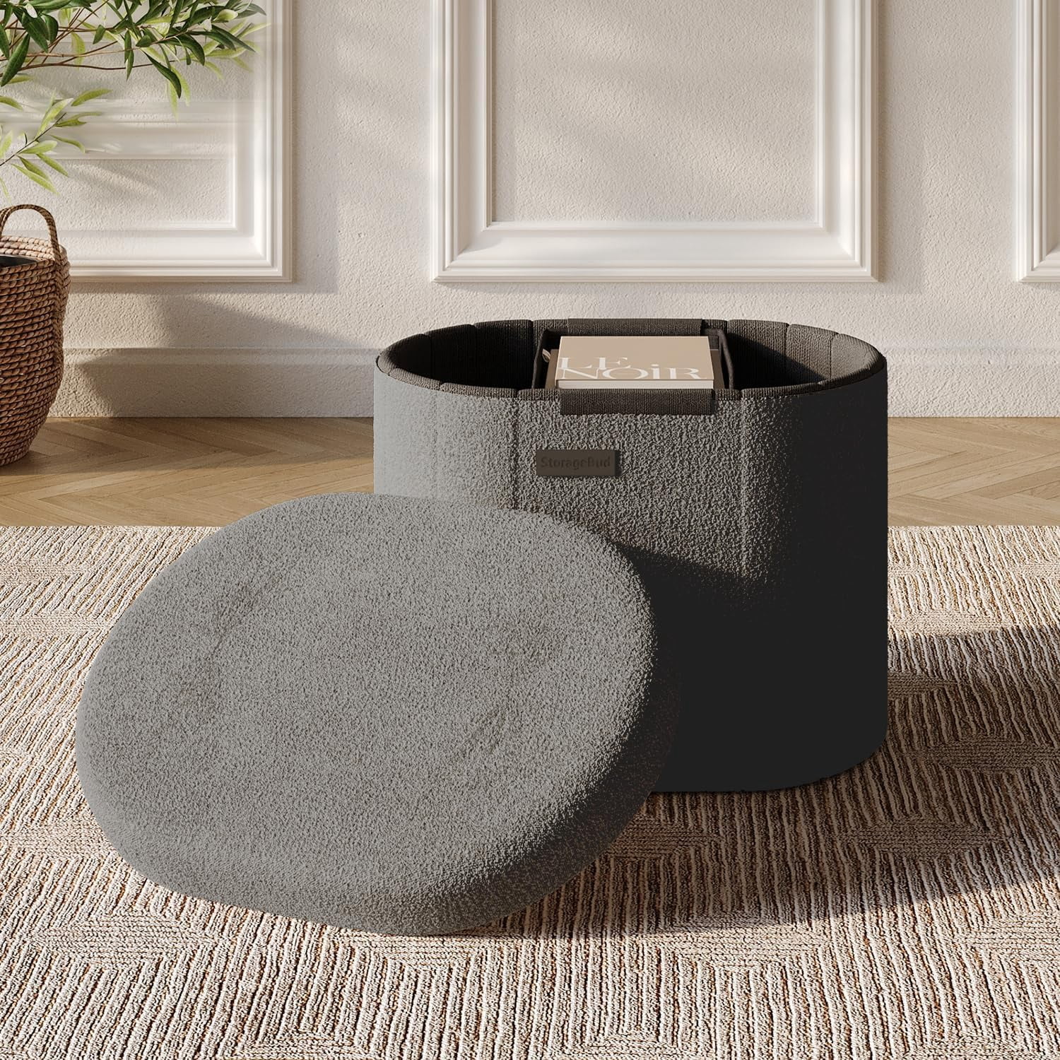 Round Ottoman with Storage for Living Room, 18 Inch Storage Ottoman, Small Ottomans Foot , Boucle Foot Stool Ottomans  330lbs,