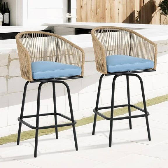 Villeston Outdoor Bar Stool Set of 2, Rattan with Backrest for Backyard, Garden Pool, Balcony- Blue