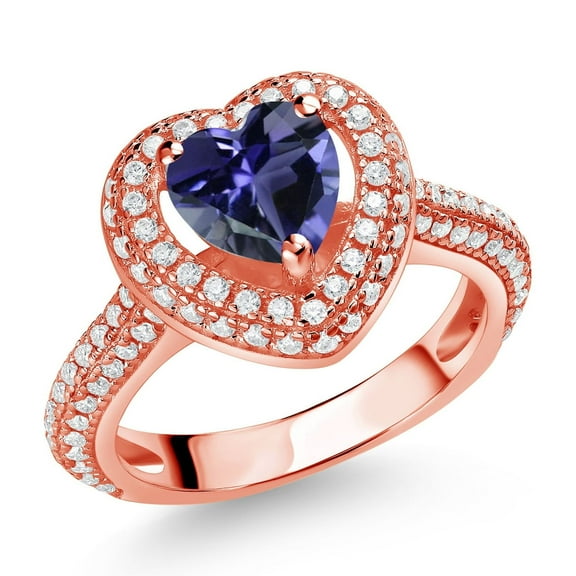 Gem Stone King 18K Rose Gold Plated Silver Blue Iolite and White Moissanite Heart Shape Ring for Women (1.20 Cttw, Available in Size 5, 6, 7, 8, 9)