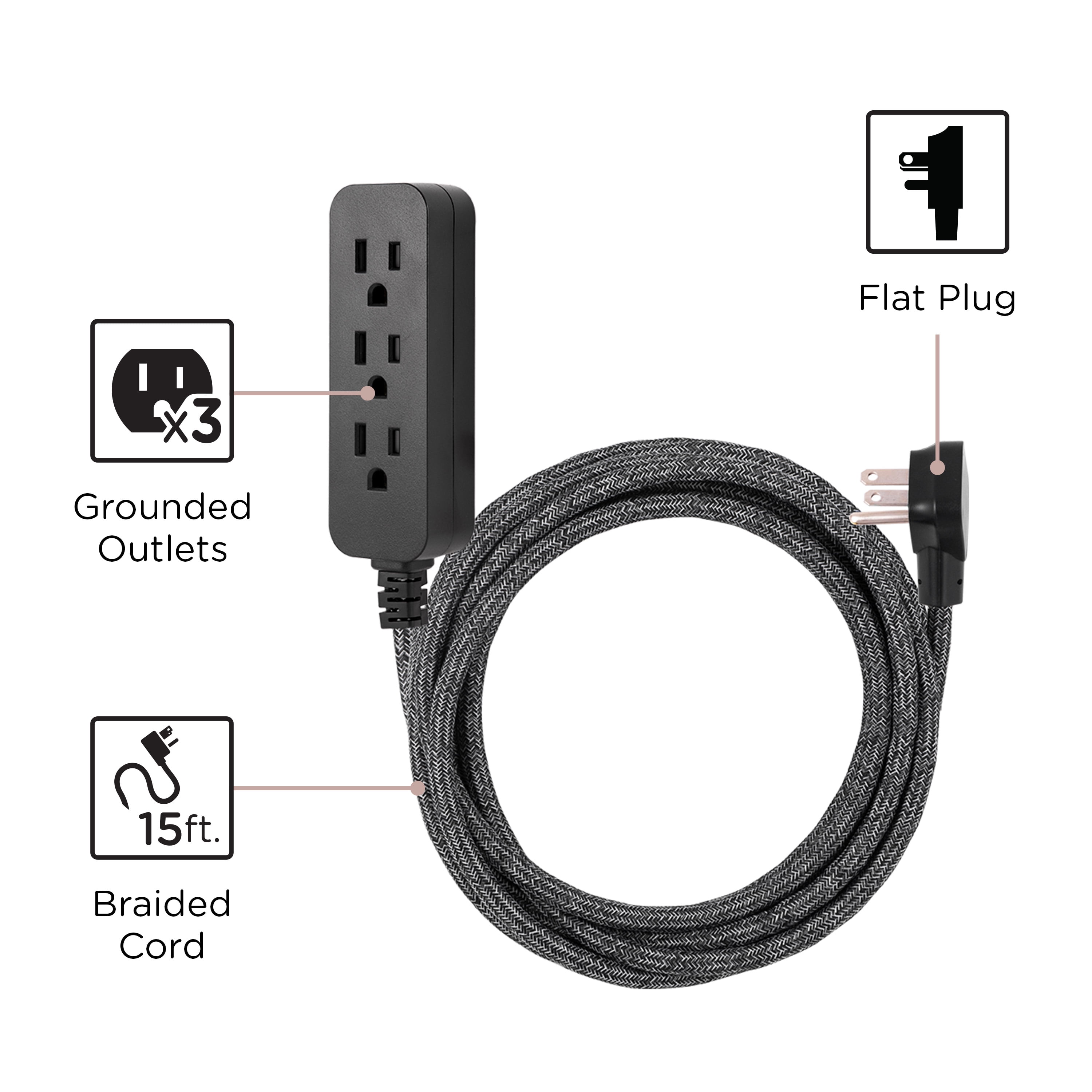 (5 pack) Cordinate Designer 15' Power Strip Surge Protector, UL Listed, Black/Dark Heather, 50012