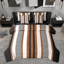 Homewish Modern Geometric Striped 7pcs Bedding Comforter Set,Retro Minimalist Lines Queen Bedding Sets,Brown Beige Black Queen Sheet Sets For Boys Kids,Ultra Soft Home Decor Reversible
