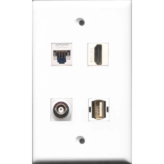 RiteAV - 1 Port HDMI and 1 Port USB A-A and 1 Port BNC and 1 Port Cat5e Ethernet White Wall Plate