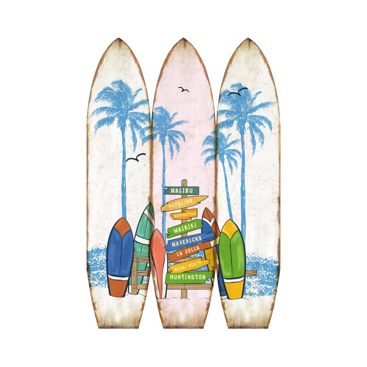 Contemporary Double Sided 3 Panel Classic Surfboard Screen Room Divider