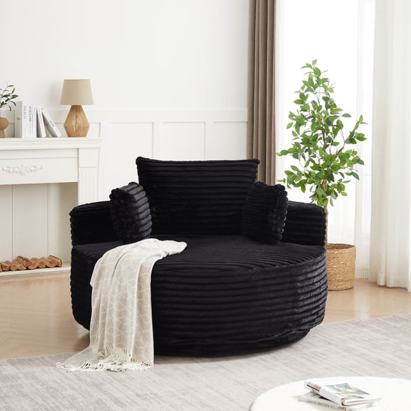 Leumius 55" Oversized Round Swivel Accent Chair,Upholstered Corduroy 360 Degree Swivel Chair for Living Room, Bedroom, Lounge and Projection Room,Black