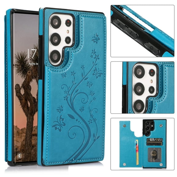 Allytech Wallet Case for Galaxy S24 Ultra, Floral Butterfly Embossed Slim Fit Cards Holder Stand Shockproof Anti-Scratch Bumper Wallet Case Cover for Samsung Galaxy S24 Ultra - Blue