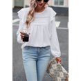 thumbnail image 3 of Solid Round Neck Ruffle Shoulder Crochet Detail Blouse for Women White Large, 3 of 5