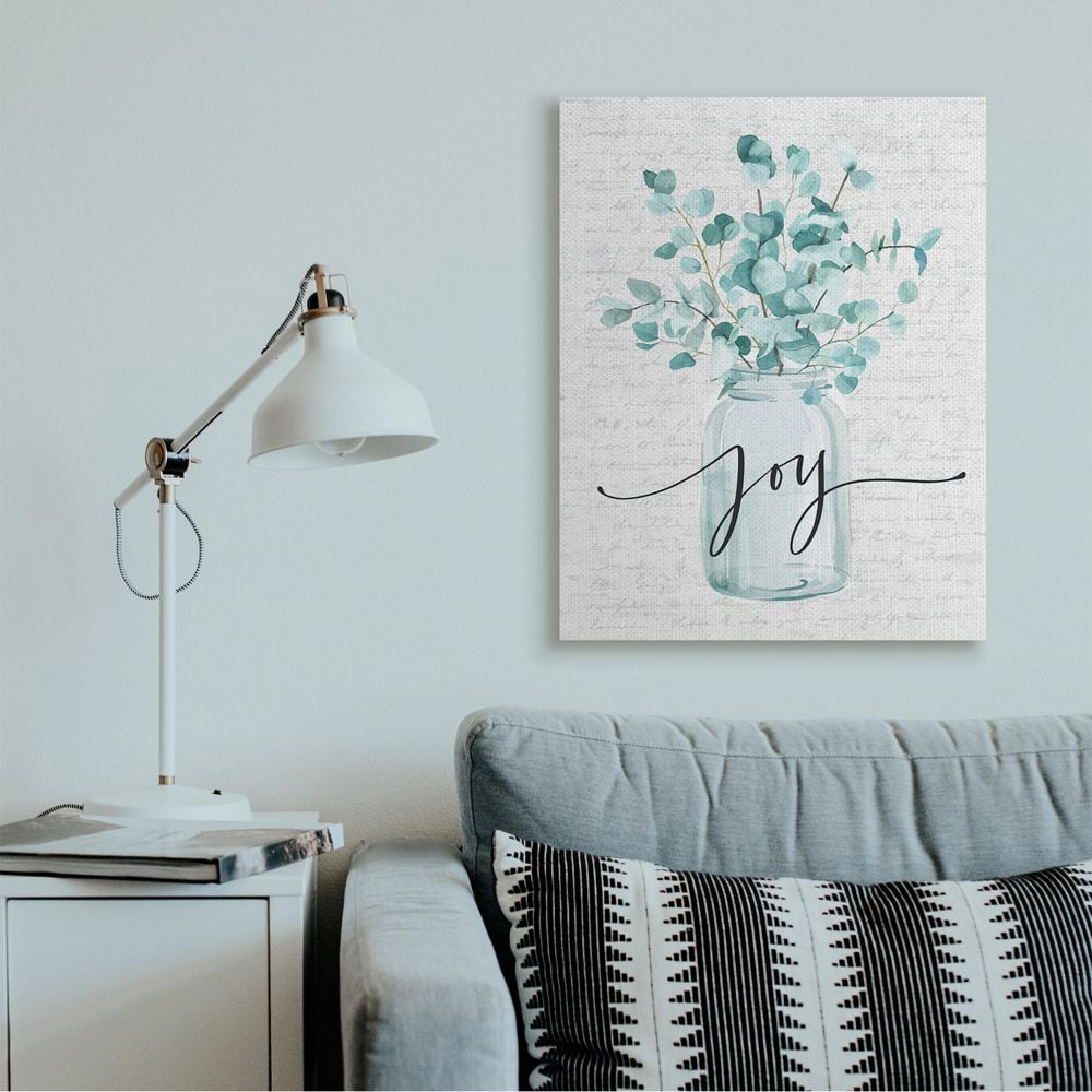 Stupell Industries Aqua Blue Plant Leaves In Jar Joy Text Design Canvas Wall Art Design by Lettered and Lined, 30" x 40"