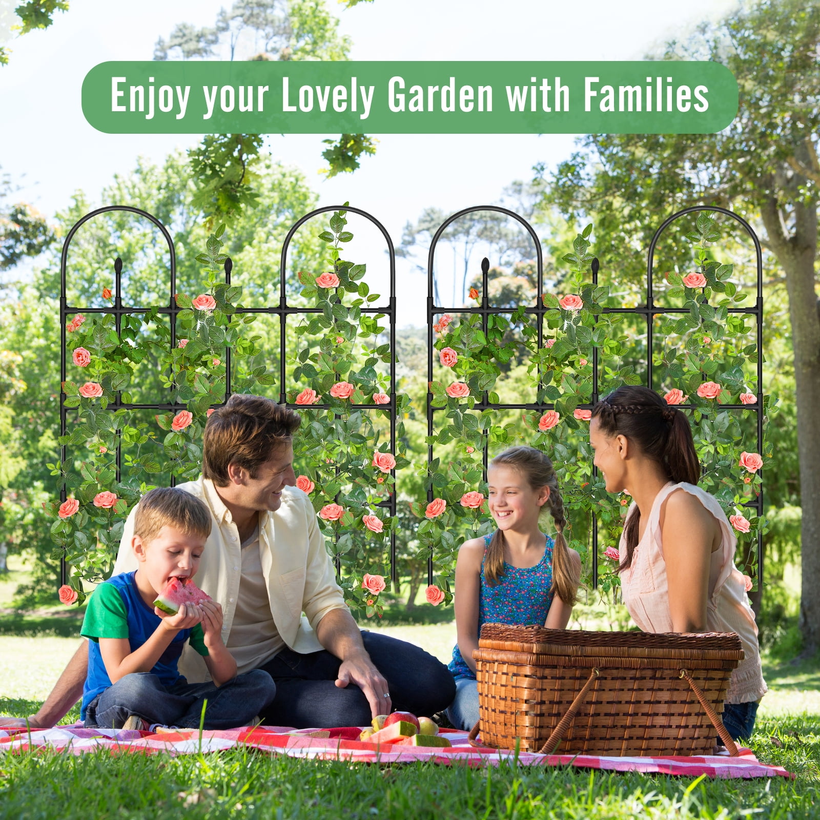 MQ Garden Trellis for Climbing Plants Outdoor 4FT, PE Metal Arch Stand with Flower Twisting Tech Trellis, Plant Support Stakes Fence for Yard Landscaping Climbing Rose Cucumber Monstera Bean Clematis