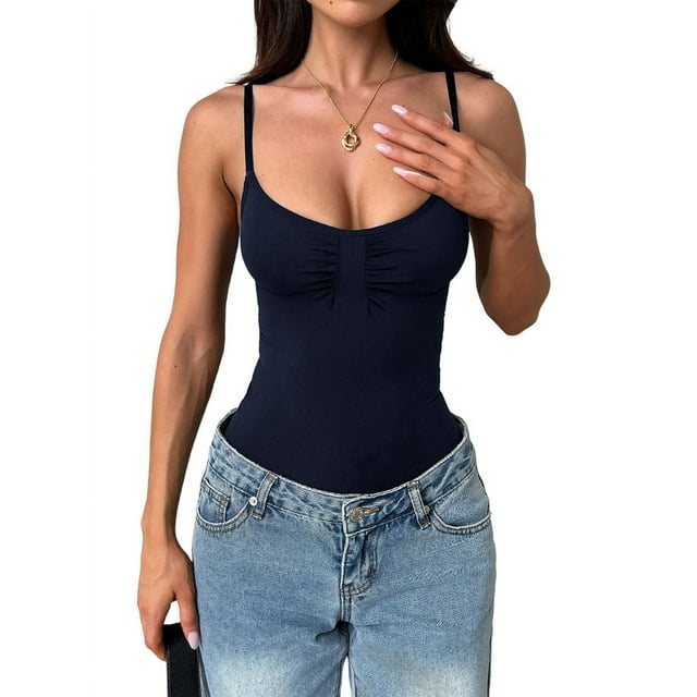 Womens U Neck Adjustable Spaghetti Strap Tight Tank Tops Casual Workout Basic Camisole Tops Navy Blue S