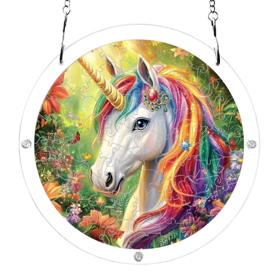 Unicorns in Flowers Acrylic Jigsaw Puzzles 83 Pieces Suncatcher for Window Hanging 7.5 Inch Holiday Home Decor