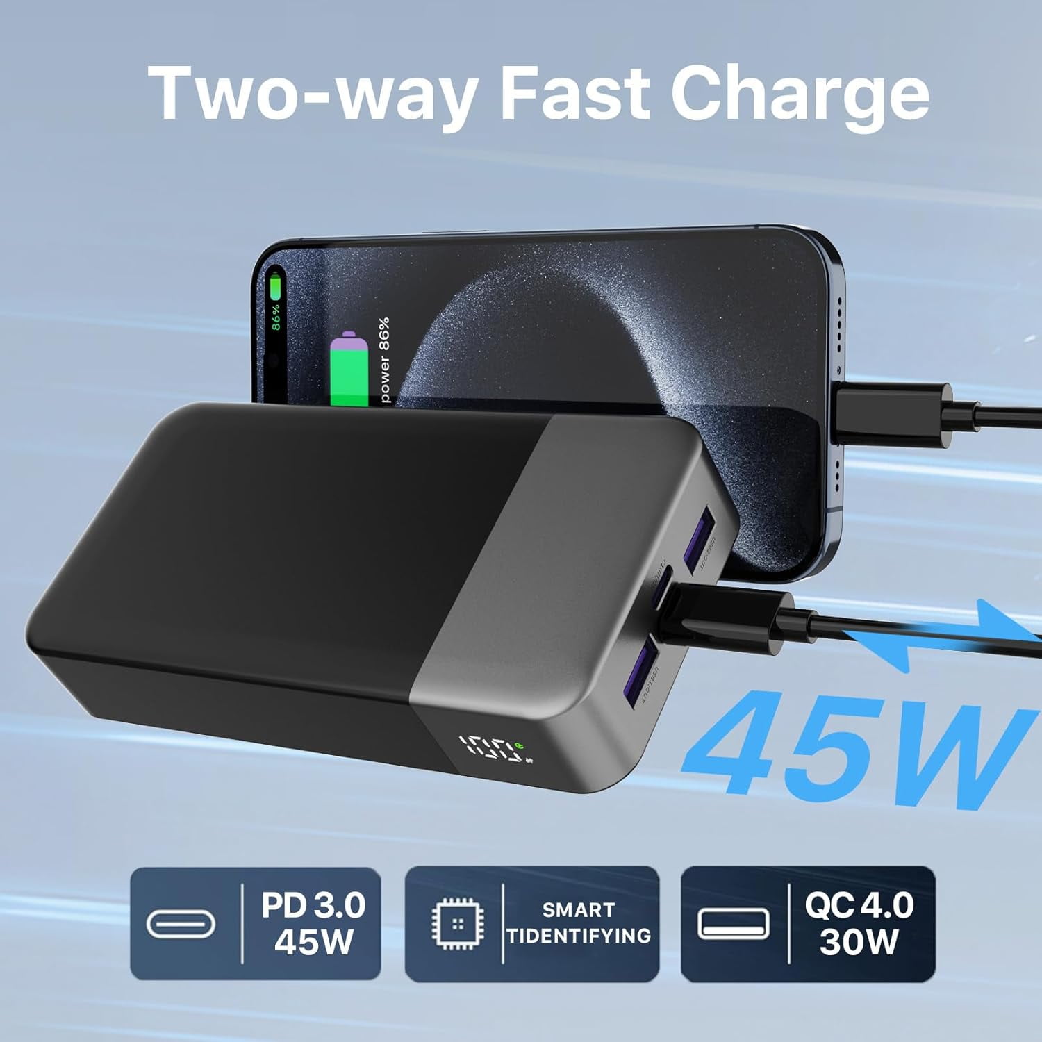 Portable Charger, 20000mAh Power Bank, 45W Power Bank Fast Charging, Battery Pack with C to C Cable, Battery Bank with Digital Display for iPhone Android Laptop etc(Black)