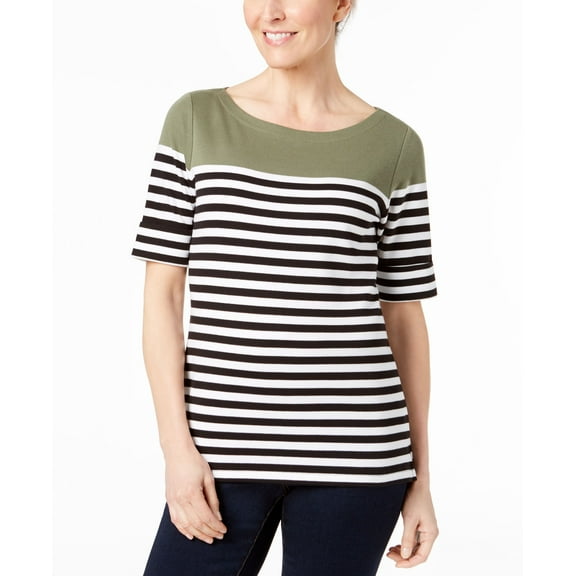 Karen Scott Cotton Stripe Elbow Sleeve Top Olive Sprig Stripes S