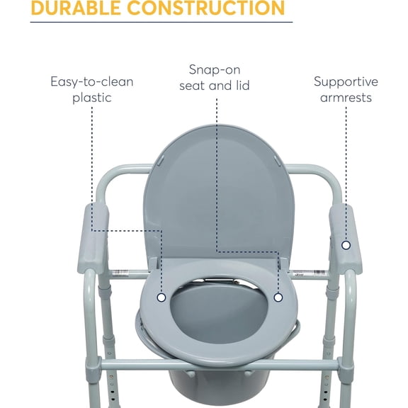 Folding Steel Bedside Commode Chair, Portable Toilet, Supports Individuals Weighing Up To 350 Lbs, with 7.5 Qt. Bucket and 13.5 Inch Seat, Grey