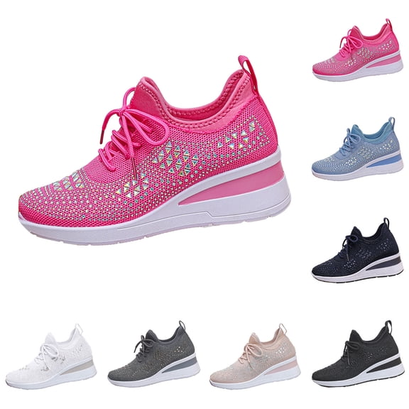 Pandaie Women's Walking Sneakers Knitted Mesh Breathable Slip on Shoes Platform Wedge Casual Sparkly Rhinestone Sneakers for Everyday Wear Black 6