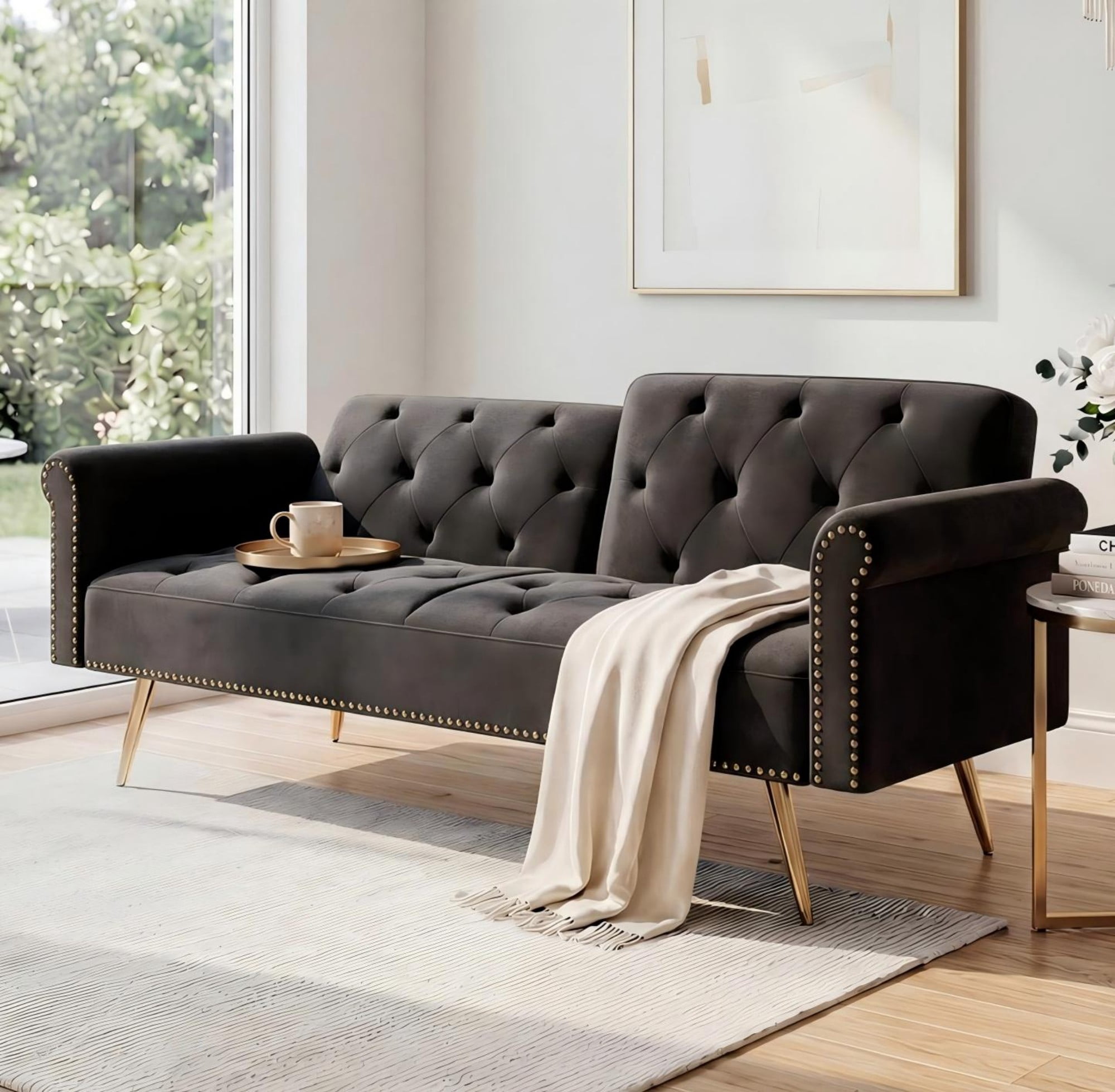 Leumius 70" Loveseat Sofa,Convertible Futon Sofa Bed Velvet Sleeper Sofa Bed with Throw Pillow & Gold Metal Legs,2-Seat Loveseat for Living Room,Bedroom,Office,Black