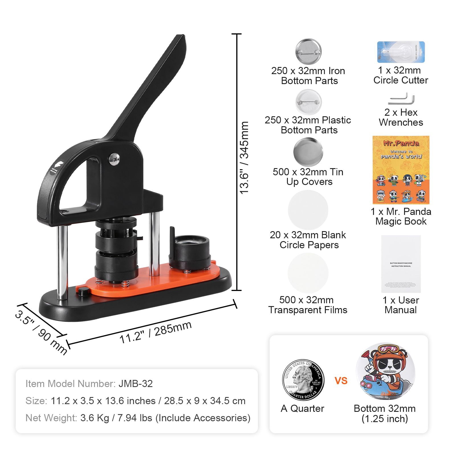 Button Maker Machine 1.25 Inch, Mr. Panda Design, 250pcs Button Parts, Ergonomic Handle, Circle Cutter, for DIY Badges Pins