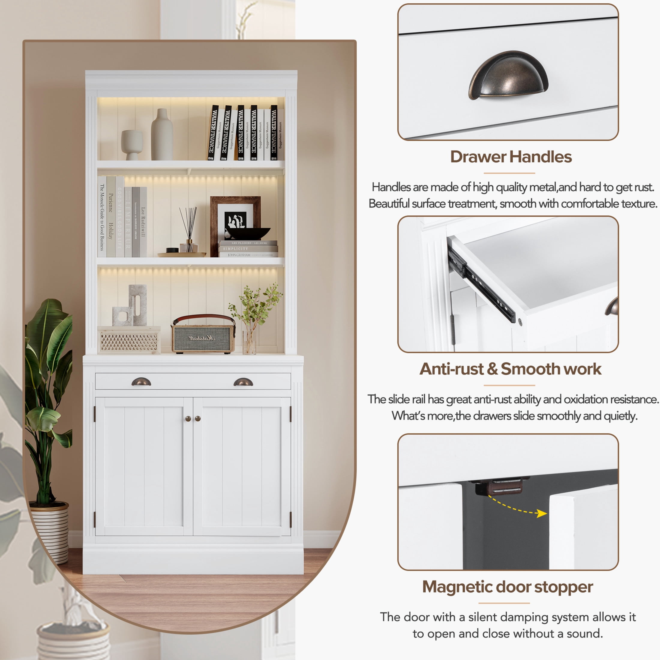 GDF Studio Caldon 83.4" Bookshelf with LED Lighting, Drawers & Panel Doors, Modern Bookcase for Home Office, White
