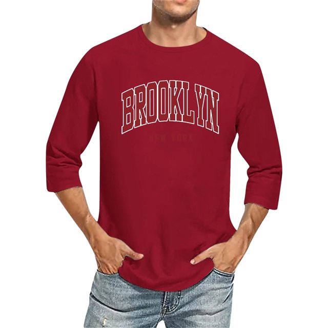 T-Shirts pour Hommes Manches 3/4 Col Ras du Cou Confortable Couleur Dégradée Coupe Rouge Brique Plage Vacances Vêtements d'Automne Taille TTTG