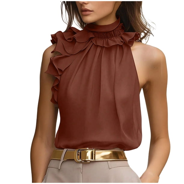 Moda Casual Collar de Pétalos sin Mangas para las Señoras, Camisa de Suéter de Cuello en V de Poliéster para el Verano Y el Uso Diario