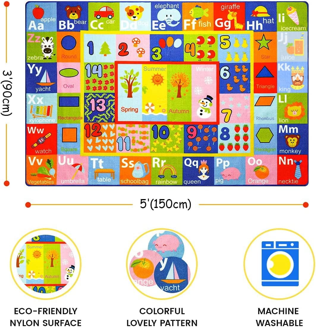 Noahas Kids Carpet Playmat Rug with Numbers, Shapes, Animals Pattern, Children Learn and Educational Rugs, Non Slip Play Rug for Nursery Bedroom Play Room, 4x6 Feet
