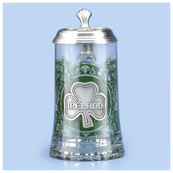 Ireland Irish German Glass Beer Stein Mug Pewter Four Leaf Clover Claddaugh