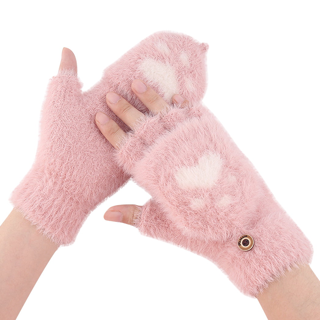 Women Winter Half-Finger  Knitted Mink Fur Fingerless Gloves Wrist Warm Mittens 