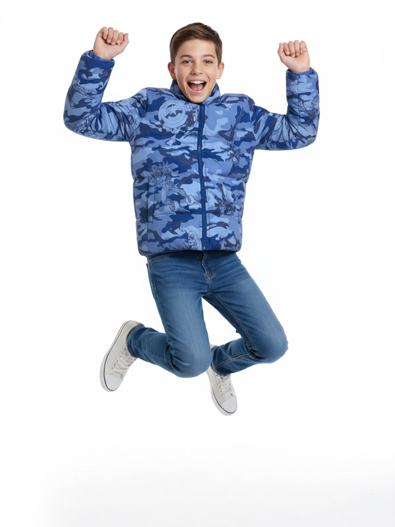 Boys’ Avengers Camo Print Puffer Jacket, Light Blue, Sizes XS–XL