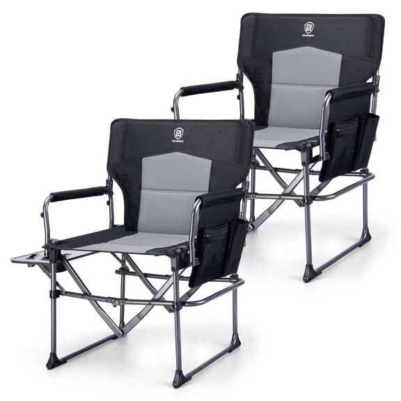 EVER ADVANCED 2 Pieces Portable Camping Chair with Side Table, Folding Directors Chair with Pocket, Supports 350lbs, Black
